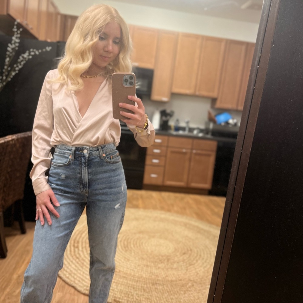 Beige / cream satin long sleeve top bodysuit